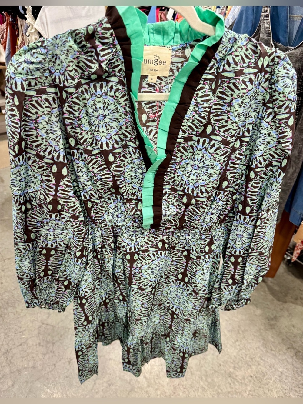 Umgee Brown Dress with Mint Floral Medallions